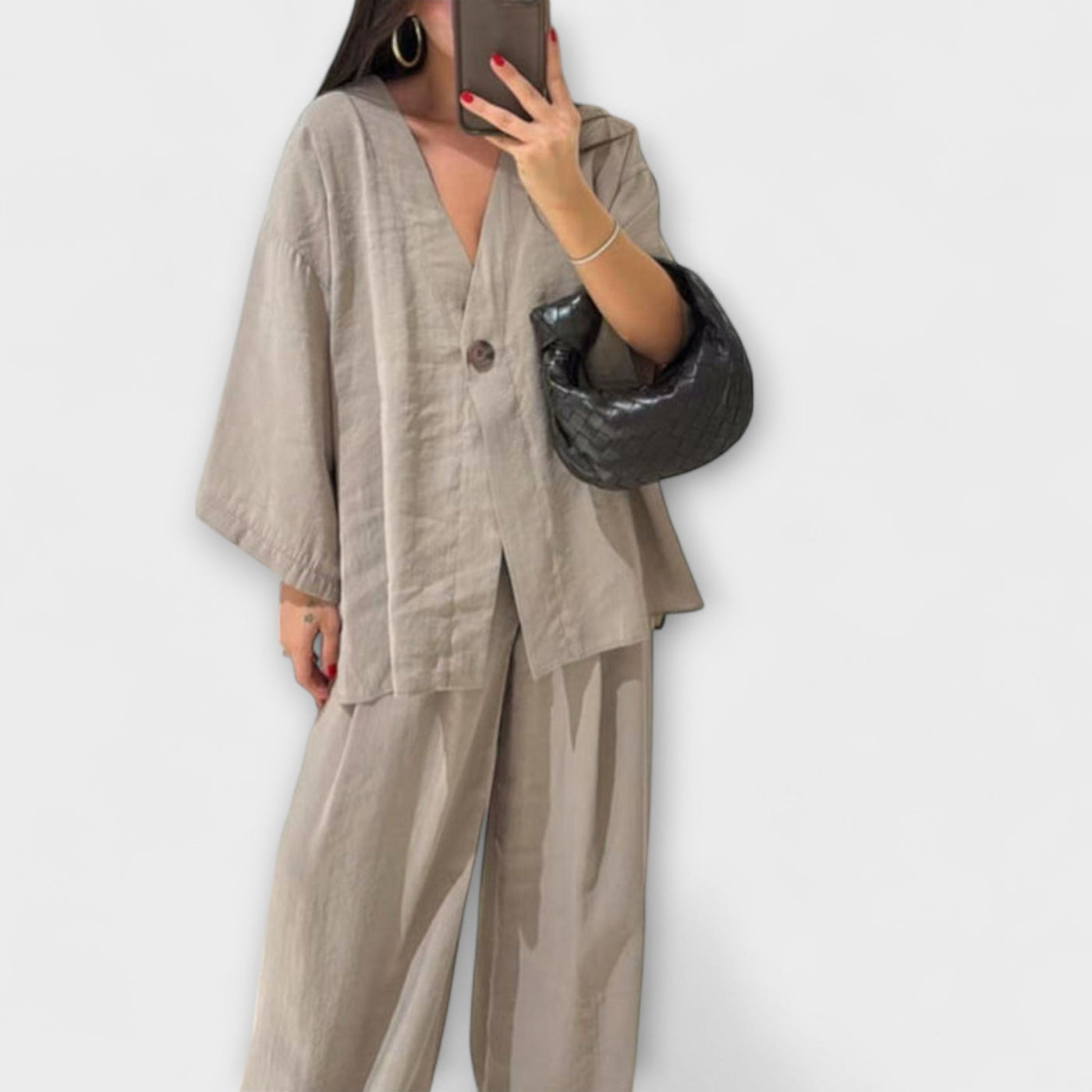 Jacqueline - Duo Top à Col V Décontracté et Pantalon