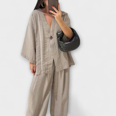 Jacqueline - Duo Top à Col V Décontracté et Pantalon