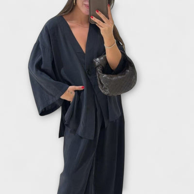 Jacqueline - Duo Top à Col V Décontracté et Pantalon