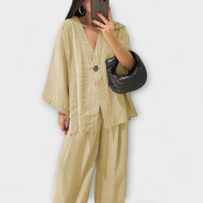 Jacqueline - Duo Top à Col V Décontracté et Pantalon