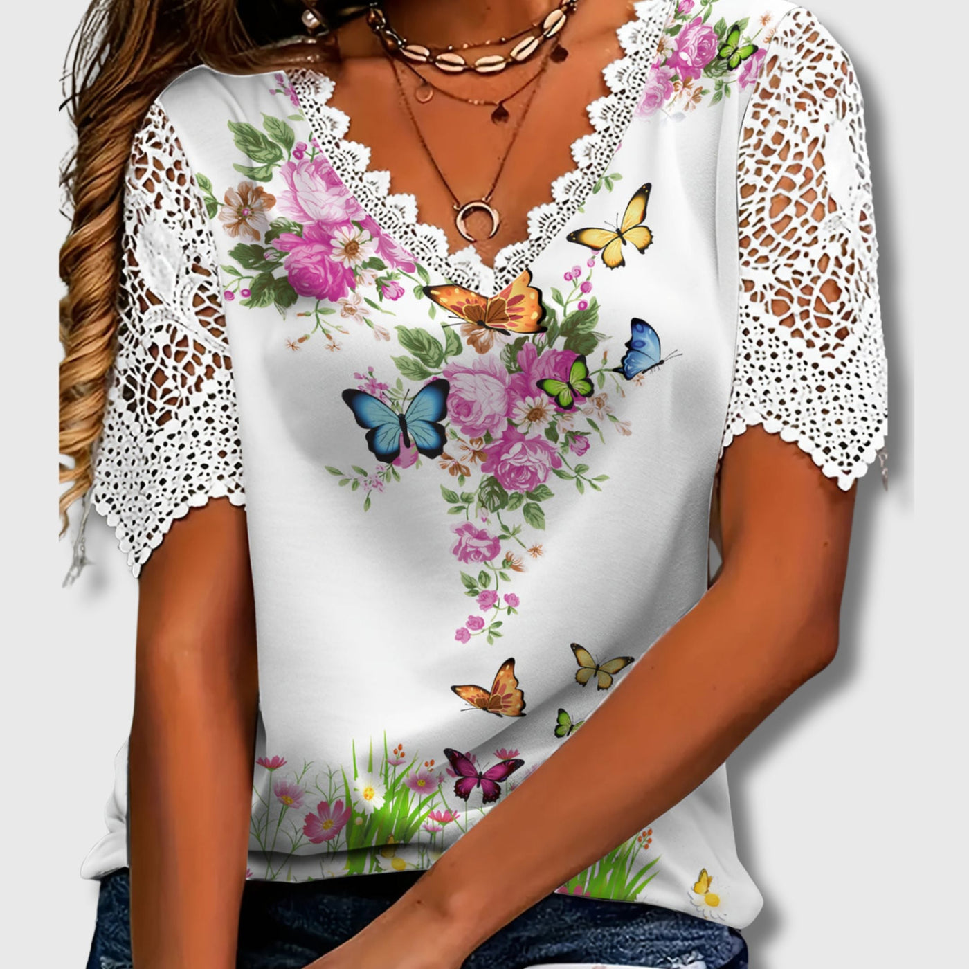 T-shirt Élégant en Dentelle Col V pour Femmes