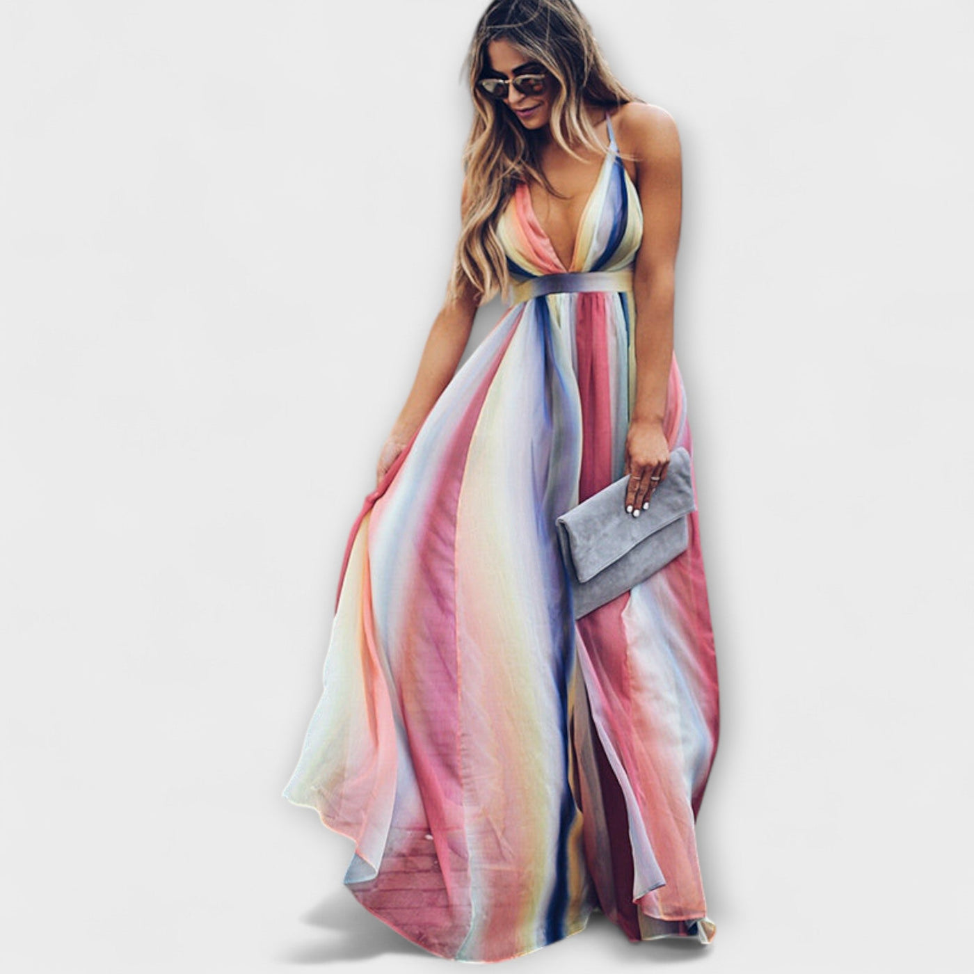 Robe Femme Multicolore Rayée avec Décolleté en V