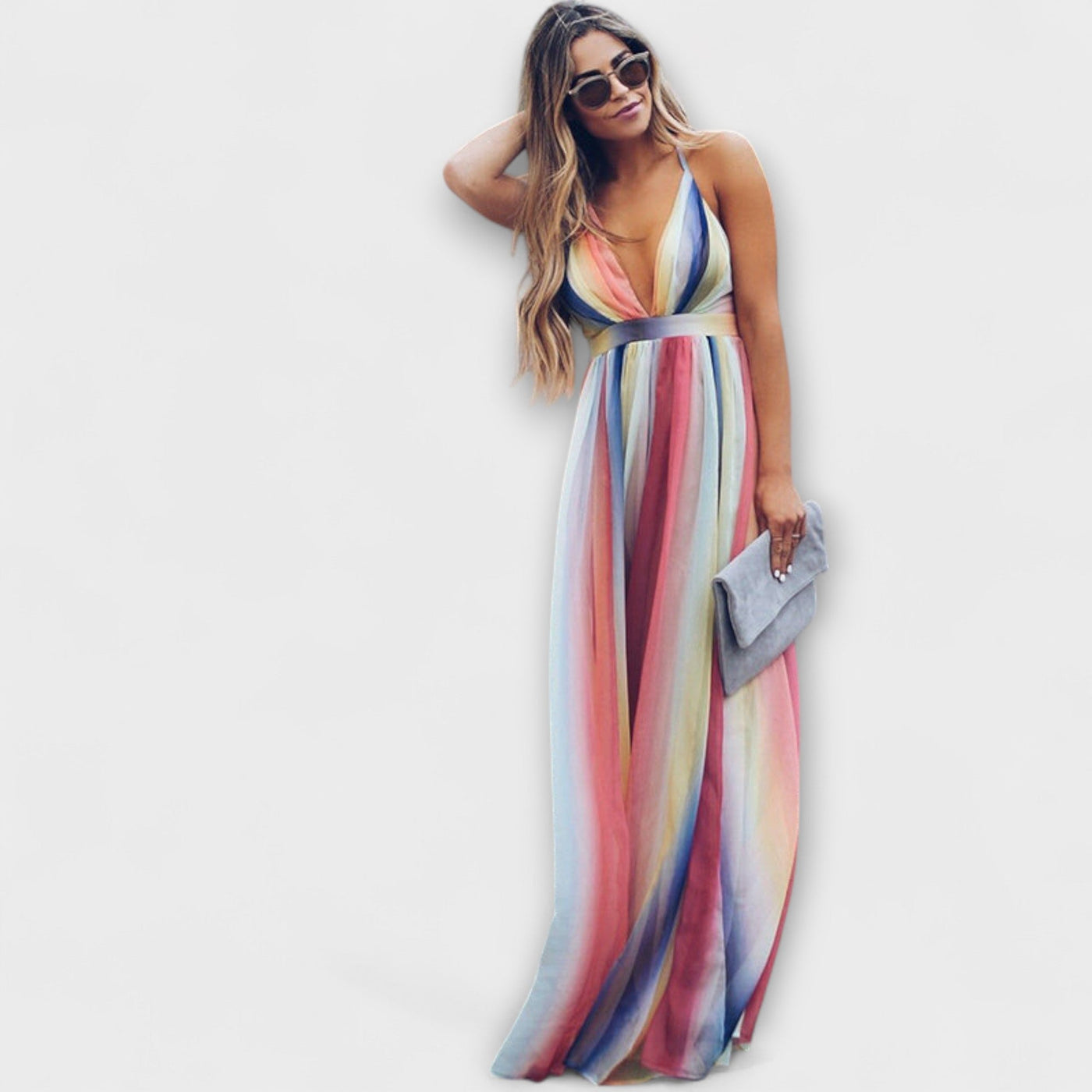 Robe Femme Multicolore Rayée avec Décolleté en V