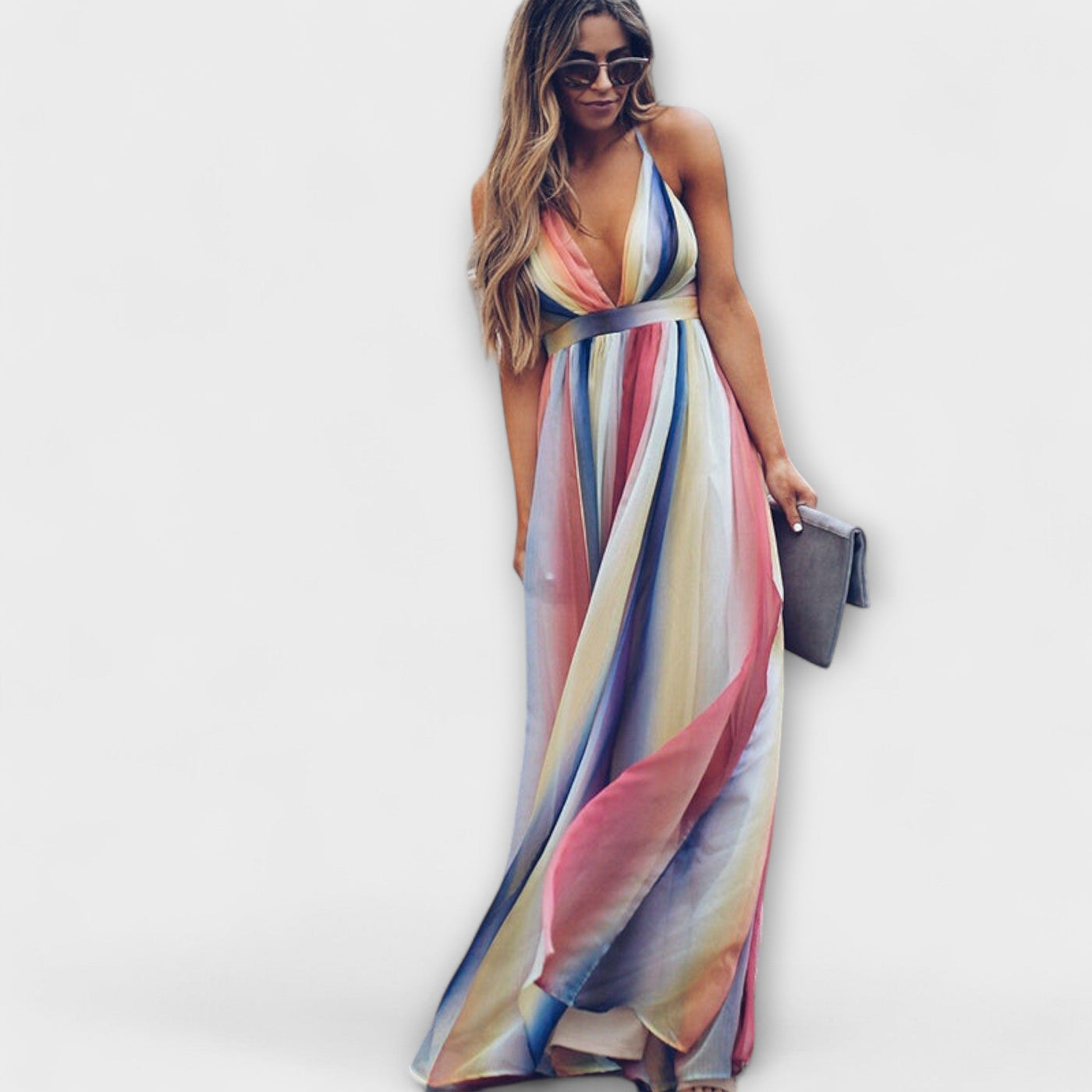 Robe Femme Multicolore Rayée avec Décolleté en V
