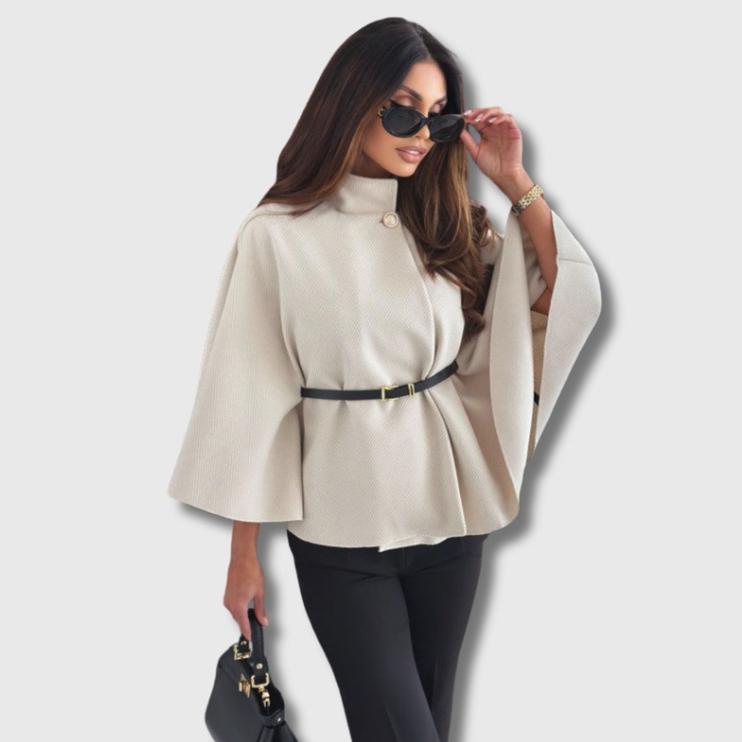 LOUISE - Poncho Noir Ceinturé Moderne