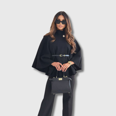 LOUISE - Poncho Noir Ceinturé Moderne