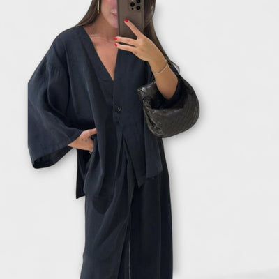 Jacqueline - Duo Top à Col V Décontracté et Pantalon