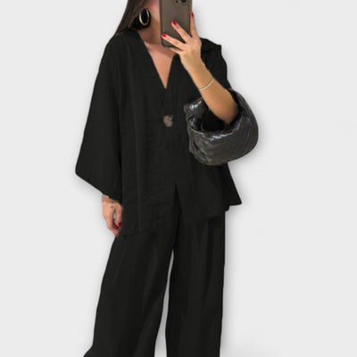 Jacqueline - Duo Top à Col V Décontracté et Pantalon