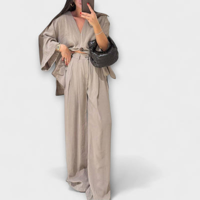 Jacqueline - Duo Top à Col V Décontracté et Pantalon