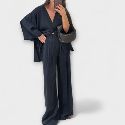 Jacqueline - Duo Top à Col V Décontracté et Pantalon